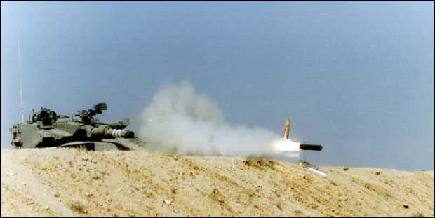 Merkava Mk.3 firing LAHAT 120mm missile.
