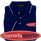 ComedySportz - Embroidered Pique Knit Golf Shirt with Stripe Trim (Navy / White)