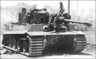 Tiger I disabled by a side penetration that hit the engine and caused the suspension to collapse.