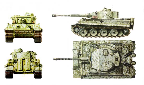 Tiger I, front, back and side views.